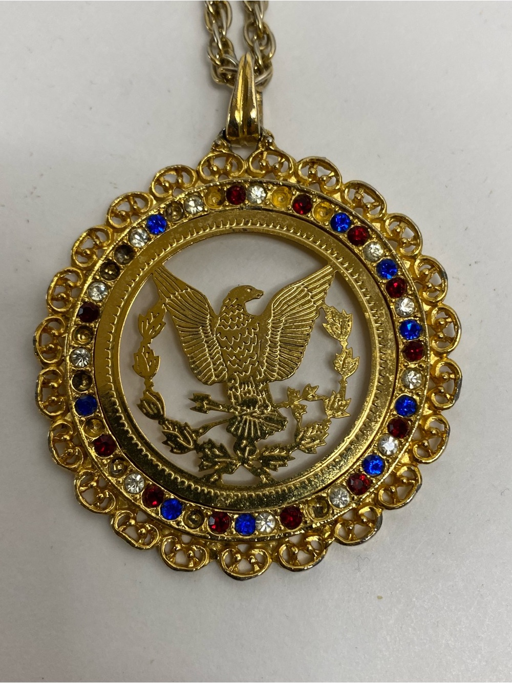 Vintage Patriotic Eagle Pendant Necklace Red White Blue Rhinestones American